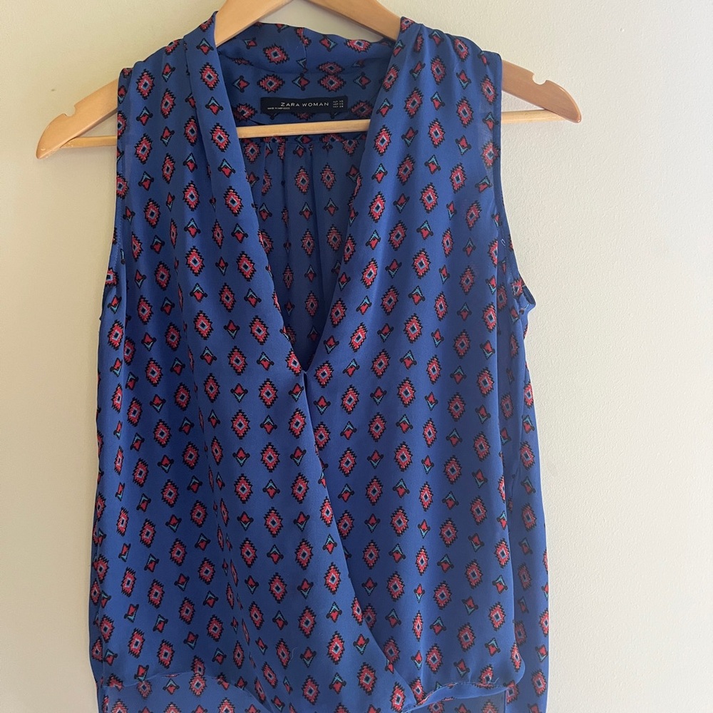 Zara Blue Patterned Sleeveless Blouse